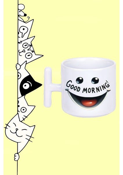 Good Mornıng Emoji Face Man Tasarım Baskılı Beyaz T Sap Kupa Bardak