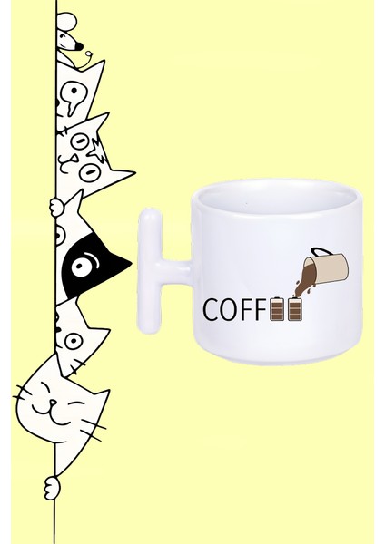 Coffee Şarj Fincan Tasarım Baskılı Beyaz T Sap Kupa Bardak