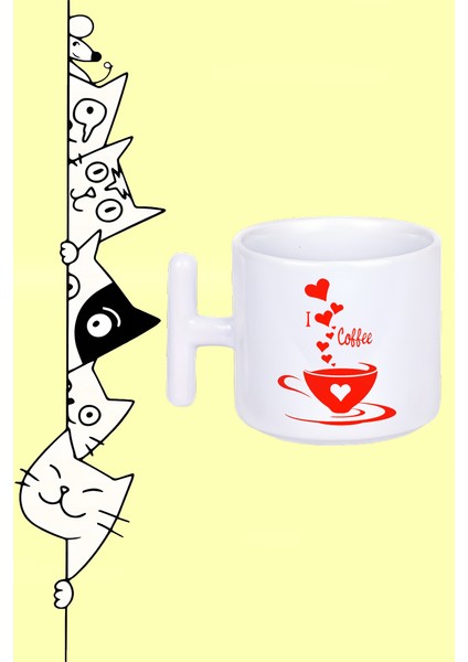 Kahveyi Seviyorum I Love Coffee Tasarım Baskılı Beyaz T Sap Kupa Bardak