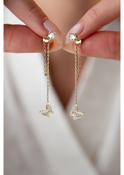 925 Ayar Gümüş Gold Kaplama 5 mm Tektaş Sallantılı Zincir Zirkon Taşlı Kelebek Küpe fiyatları