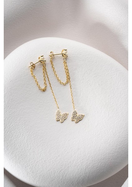 925 Ayar Gümüş Gold Kaplama 5 mm Tektaş Sallantılı Zincir Zirkon Taşlı Kelebek Küpe modelleri