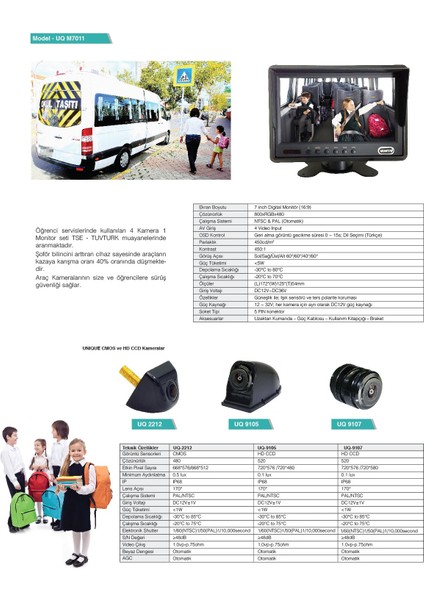 Unıque UQ-M7011 Kayıtsız Kamera Sistemi( Monitör+4 Kamera)