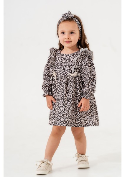 Kız Çocuk Bandanalı Leopar Desenli Kolları Fırfırlı Elbise