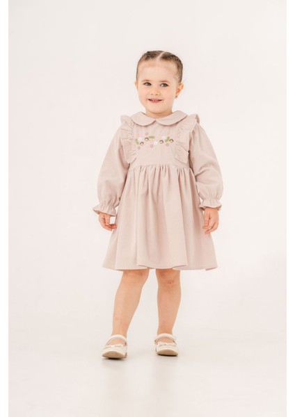 Bebe Yaka Kolları Fırfırlı Çiçek Nakışlı Kız Bebek Elbise