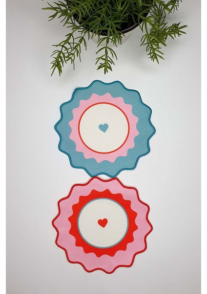 2'li Mavi Pembe Kalp Baskılı Nakış Kenar Kumaş Kokteyl Peçeteleri