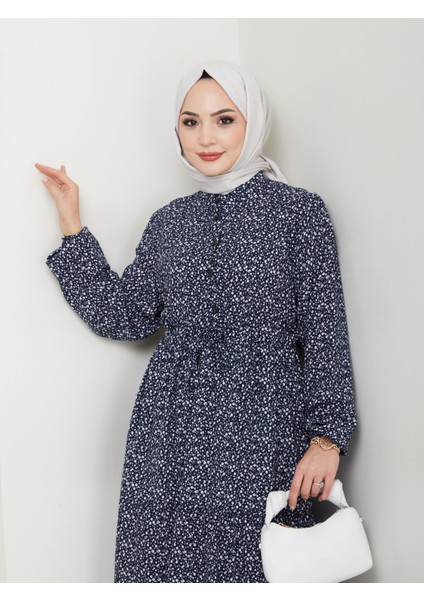 Düğme Detaylı Çiçekli Viskon Elbise - Lacivert / E0123