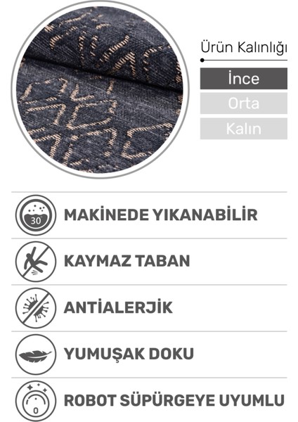 Akasya Antrasit Baklava Desenli Halı – Yumuşak, Kaymaz, Yıkanabilir ve Şık Tasarım - 90 x 250 cm