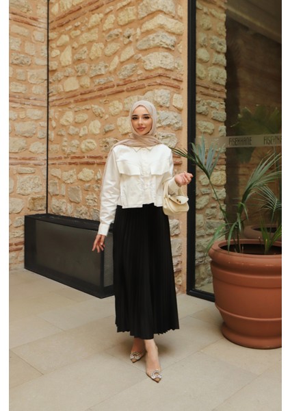 Kadın Tesettür Deri Görünümlü Pileli Etek