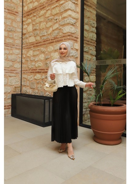 Kadın Tesettür Deri Görünümlü Pileli Etek modelleri