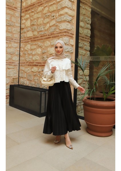 Kadın Tesettür Deri Görünümlü Pileli Etek fırsatları