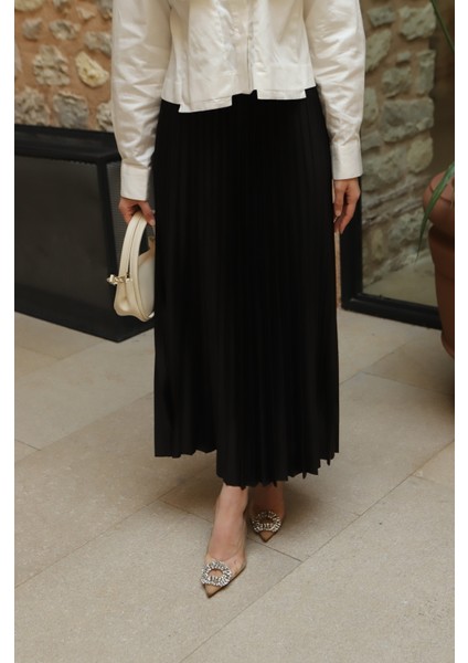 Kadın Tesettür Deri Görünümlü Pileli Etek indirimleri