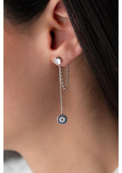 925 Ayar Gümüş Rodyum Kaplama 5 mm Tektaş Sallantılı Zincir Nazar Küpe