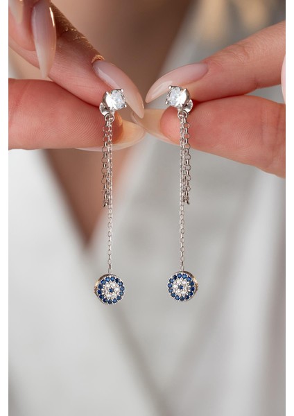 925 Ayar Gümüş Rodyum Kaplama 5 mm Tektaş Sallantılı Zincir Nazar Küpe fiyatları