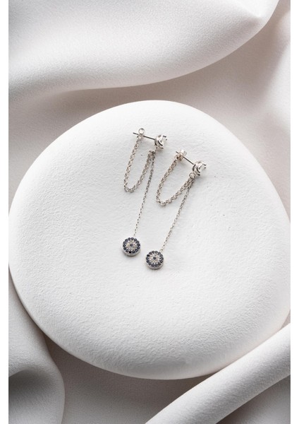 925 Ayar Gümüş Rodyum Kaplama 5 mm Tektaş Sallantılı Zincir Nazar Küpe modelleri