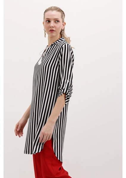Fh Fashionhere 5613 Yaka Bağcıklı Çizgili Tunik - Siyah fiyatları
