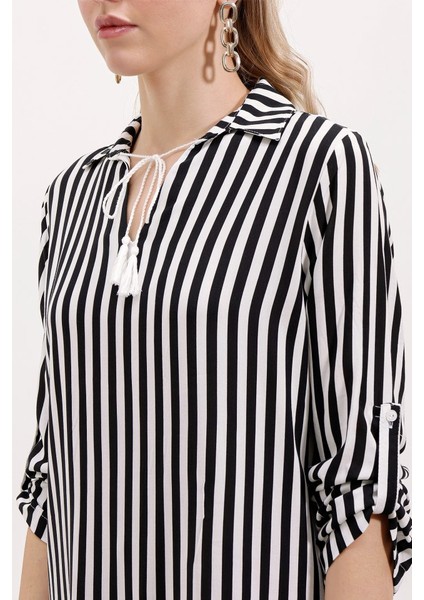Fh Fashionhere 5613 Yaka Bağcıklı Çizgili Tunik - Siyah modelleri