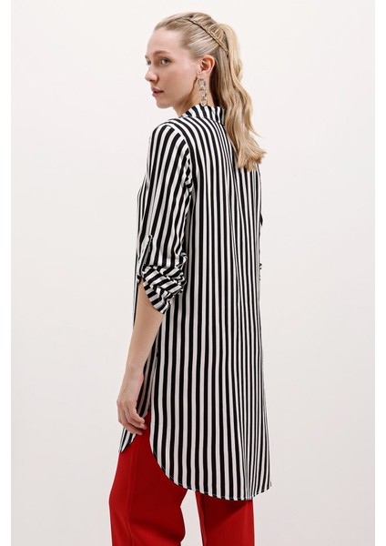Fh Fashionhere 5613 Yaka Bağcıklı Çizgili Tunik - Siyah fırsatları