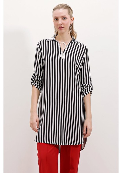 Fh Fashionhere 5613 Yaka Bağcıklı Çizgili Tunik - Siyah indirimleri
