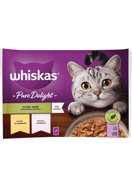 Whiskas Pouch Pure Delight Jöle Içerisinde Tavuklu ve Somonlu Yetişkin Konserve Kedi Maması 4 Adet 85 gr