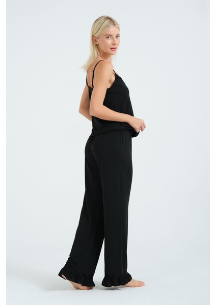 Siyah Dantelli Askılı Viskon Pijama Takımı