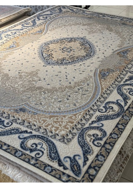 Kelebek Akrilik Halı KHM043 %100 Yün Salon Halısı Kıl Tüy Toplamaz Temizliği Kolay Mavi Göbekli