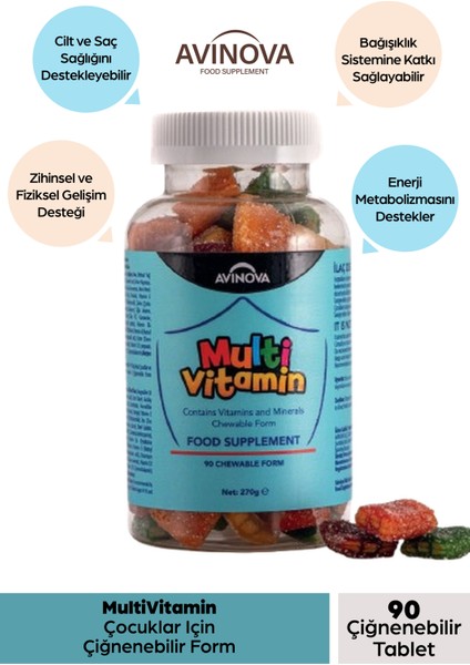 Multivitamin Çocuklar Için Çiğnenebilir Form C, D3, B Vitaminleri, Çinko ve Meyve Aromaları