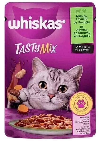 Whiskas Pouch Tasty Mix Sos Içerisinde Kuzu Etli Tavuklu ve Havuçlu Yetişkin Konserve Kedi Maması 85 gr