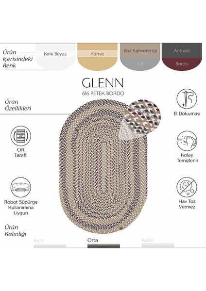 Glenn 616 Renkli Oval Halı Paspas Örgü Hasır Kilim Yolluk Dekoratif Mutfak Balkon Banyo Halısı