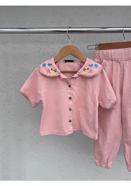 %100 Pamuklu Kız Çocuk Gabardin Işlemeli Gömlek & Jogger Pantolon Takım