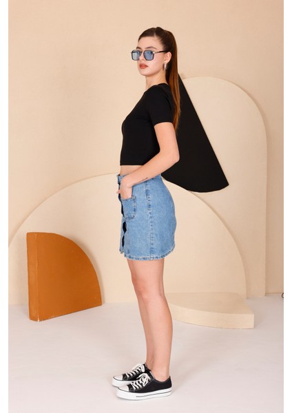 Kadın Siyah Bisiklet Yaka Crop T-Shirt - 169