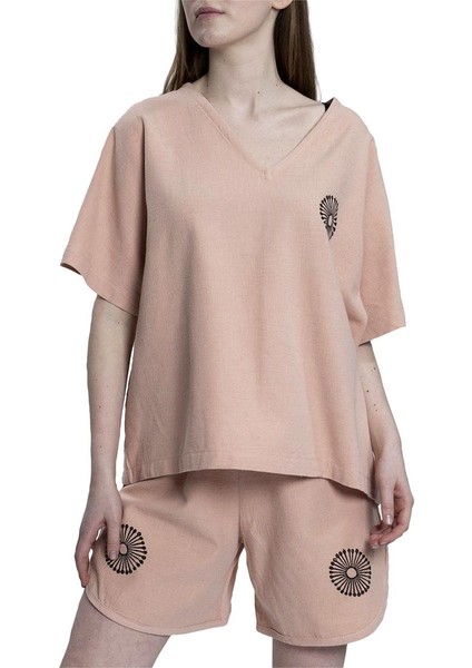 Taş Baskı Püsküllü Bluz Gül Pembe