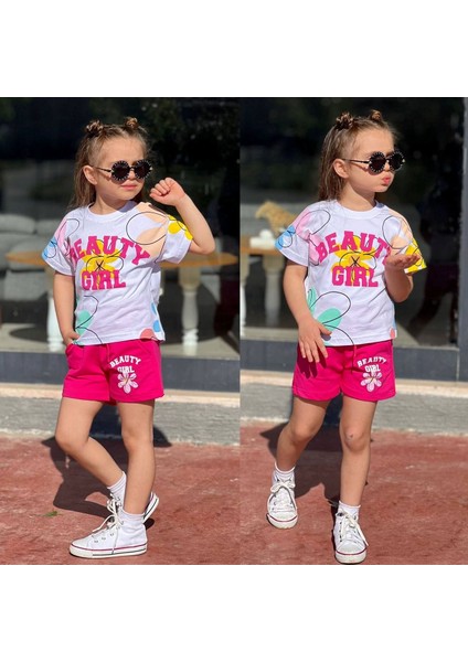Kız Çocuk Beauty Girl Baskılı T-Shirt ve Şortlu Alt-Üst Takım (Fuşya Şort)