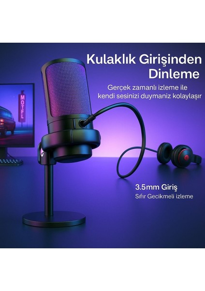Rgb Işıklı USB Mikrofon Seti Yayıncılar, Podcast Oyun Için Profesyonel Kayıt Mikrofonu Kol Standı