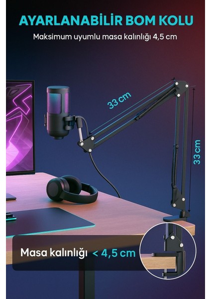 Rgb Işıklı USB Mikrofon Seti Yayıncılar, Podcast Oyun Için Profesyonel Kayıt Mikrofonu Kol Standı