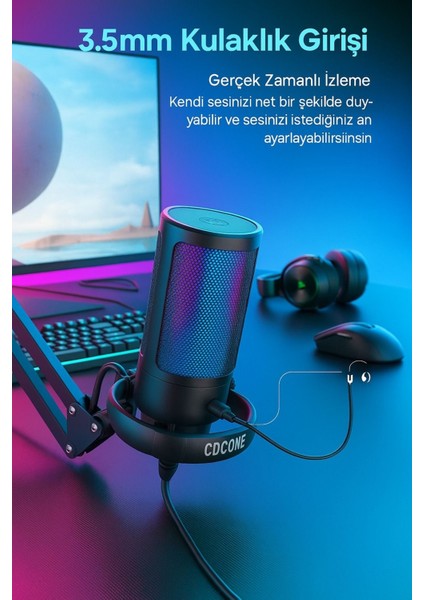 Rgb Işıklı USB Mikrofon Seti Yayıncılar, Podcast Oyun Için Profesyonel Kayıt Mikrofonu Kol Standı