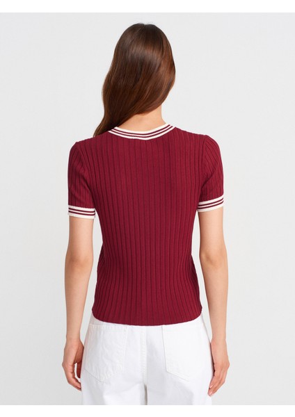 10765 Bisiklet Yaka Çizgili Triko Bluz-Bordo-Krem fiyatları