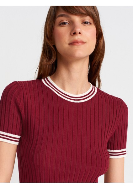 10765 Bisiklet Yaka Çizgili Triko Bluz-Bordo-Krem modelleri