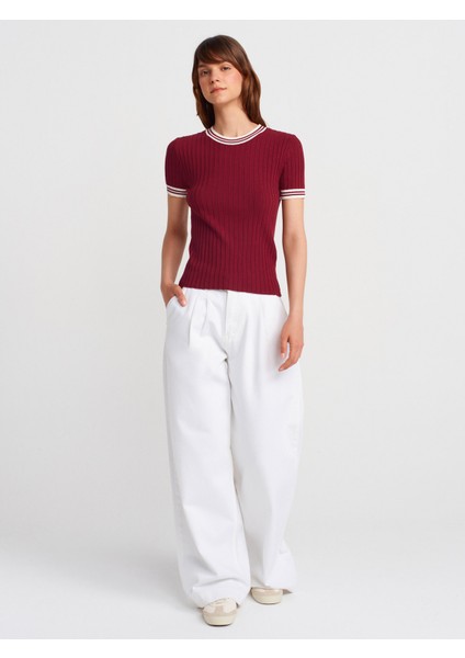 10765 Bisiklet Yaka Çizgili Triko Bluz-Bordo-Krem fırsatları