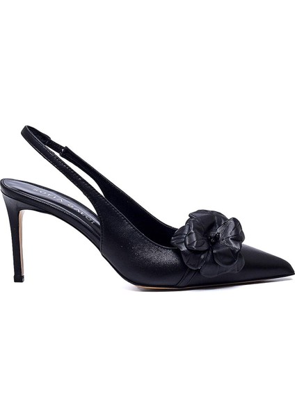 Flora Siyah Hakiki Deri Kadın Stiletto & Abiye