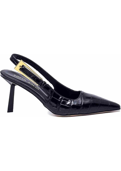 Meta Siyah Hakiki Deri Kadın Stiletto & Abiye