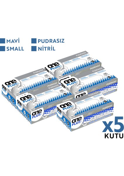 One Plus Nitril Muayene Eldiveni 100'LÜ S Küçük Boy Mavi 5 Kutu