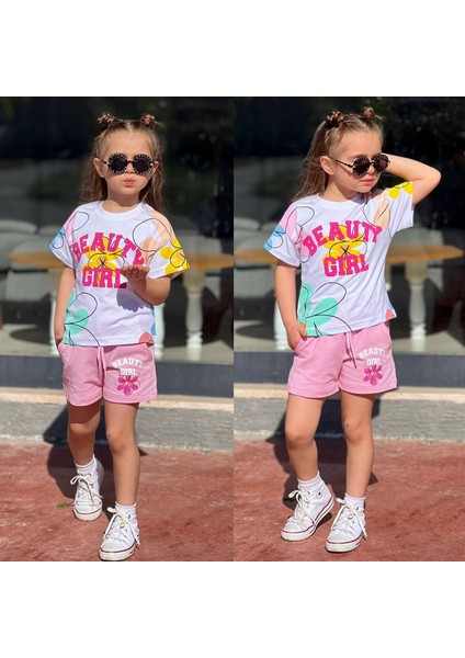 Kız Çocuk Beauty Girl Baskılı T-Shirt ve Şortlu Alt-Üst Takım (Pembe Şort)