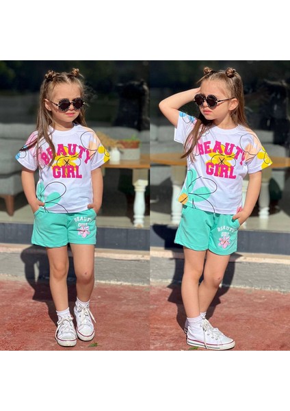 Kız Çocuk Beauty Girl Baskılı T-Shirt ve Şortlu Alt-Üst Takım (Yeşil Şort)