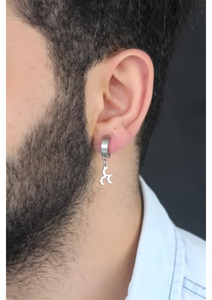 Silver Renk Kaplama 3 Hilal Figürlü Çelik Kıstırmalı Erkek Küpe