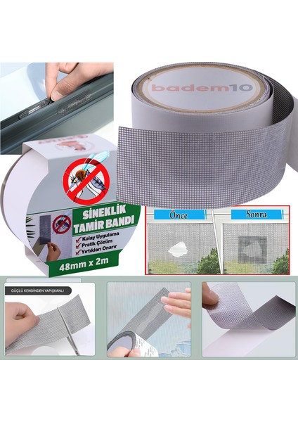 48 mm x 2 Metre Yapışkanlı Sineklik Tülü Tamir Bandı Yırtık Kopmuş Delik Fiber Tül Yapıştırma Gri