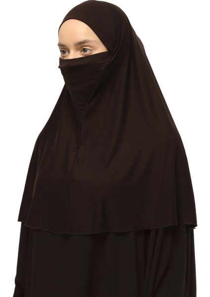 Hazır Türban Peçeli Pratik Eşarp Tesettür Nikaplı Hijab - Namaz Örtüsü Sufle (Xl) - Koyu Kahverengi