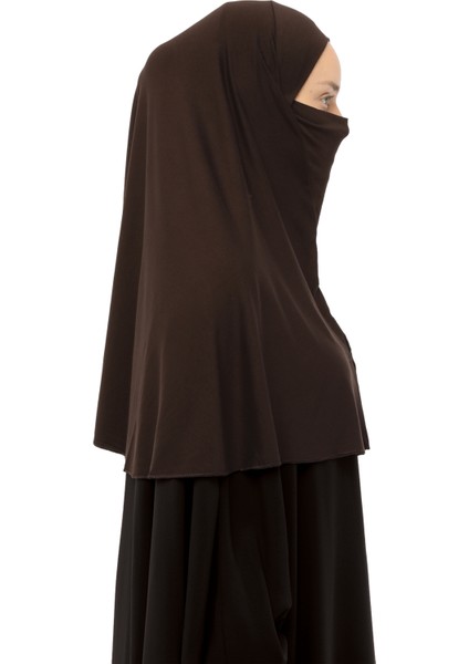 Hazır Türban Peçeli Pratik Eşarp Tesettür Nikaplı Hijab - Namaz Örtüsü Sufle (Xl) - Koyu Kahverengi