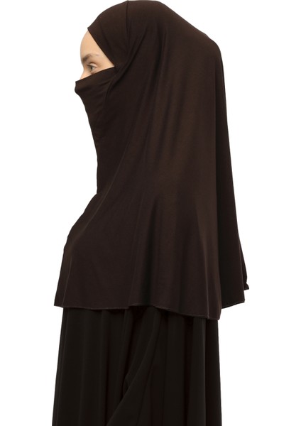 Hazır Türban Peçeli Pratik Eşarp Tesettür Nikaplı Hijab - Namaz Örtüsü Sufle (Xl) - Koyu Kahverengi