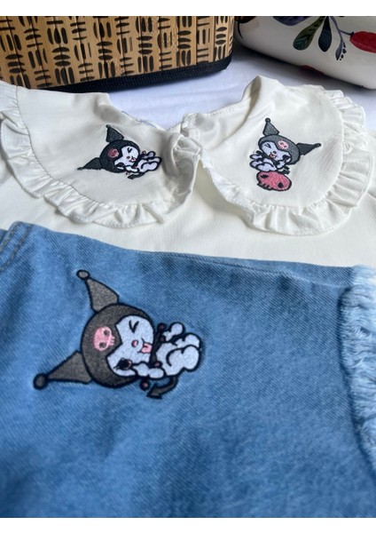 Bebe Yaka Nakışlı Işleme Detaylı Kot Etekli Kız Çocuk Alt Üst Takım Beyaz - 9-10 Yaş