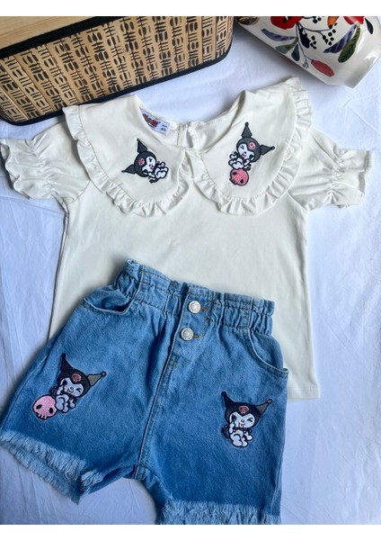 Bebe Yaka Nakışlı Işleme Detaylı Kot Etekli Kız Çocuk Alt Üst Takım Beyaz - 9-10 Yaş